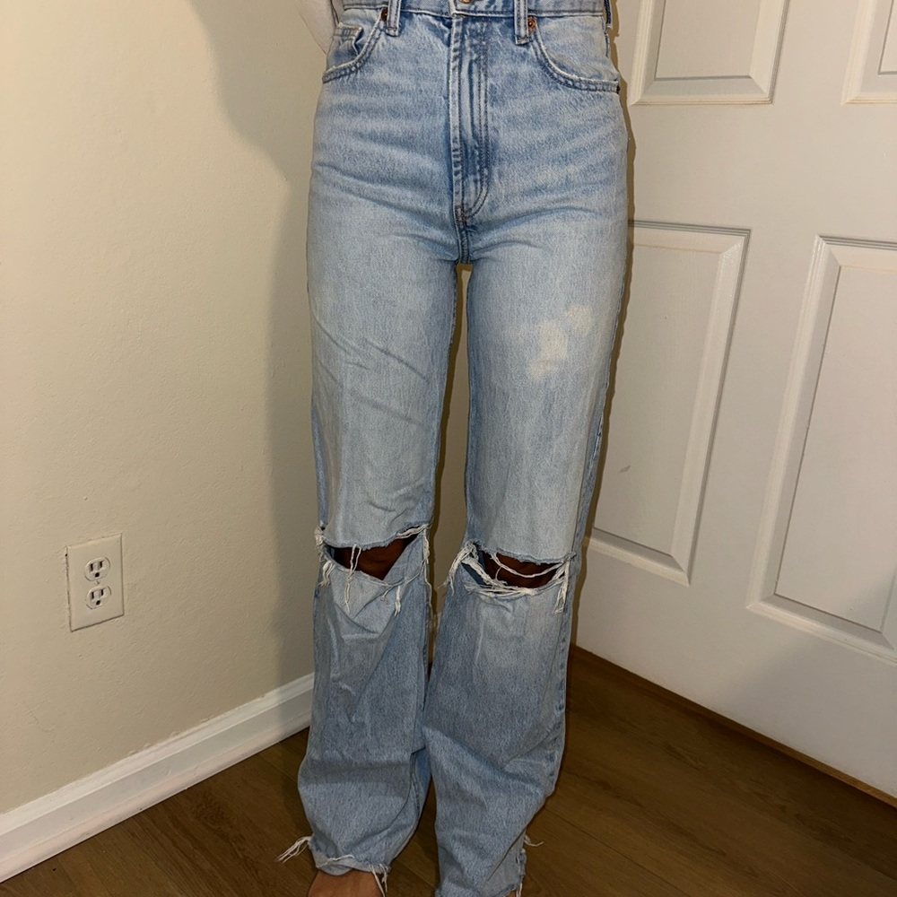 Zara High Rise Light Blue Ripped Jeans